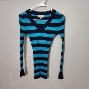 Y2K Striped V-Neck Fitted Sweater Teal Navy Mallcore Girliecore Preppy Top Shirt